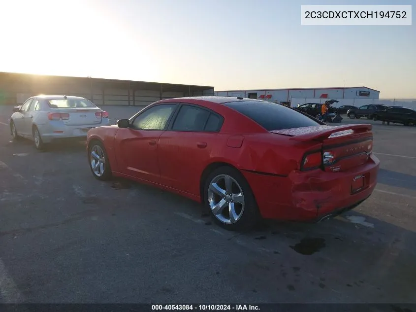 2012 Dodge Charger R/T VIN: 2C3CDXCTXCH194752 Lot: 40543084