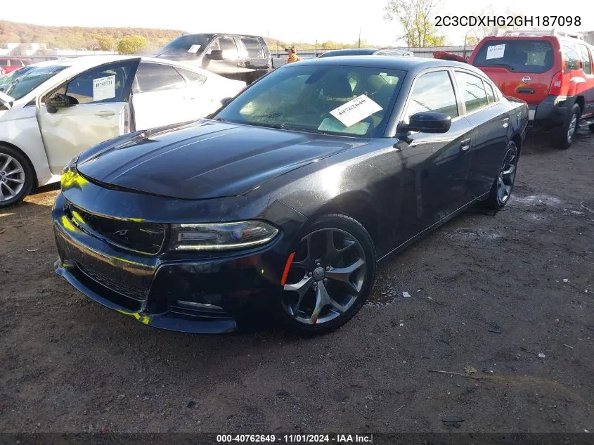 2016 Dodge Charger Sxt VIN: 2C3CDXHG2GH187098 Lot: 40762649