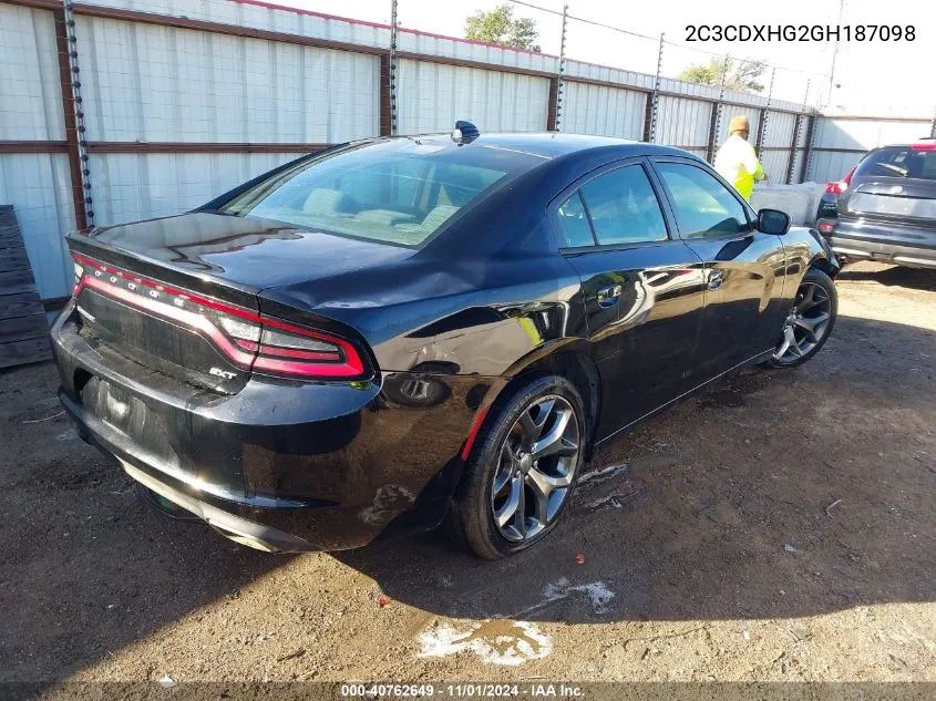 2016 Dodge Charger Sxt VIN: 2C3CDXHG2GH187098 Lot: 40762649