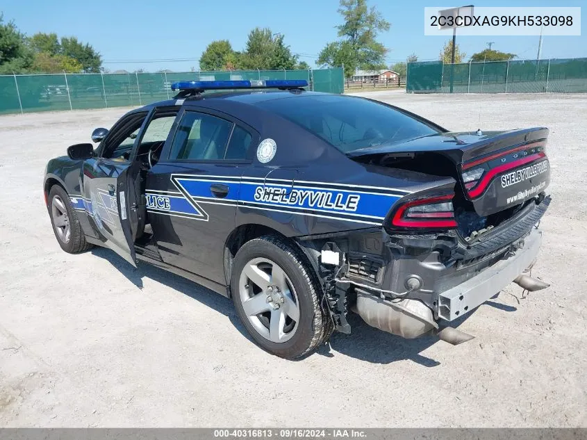 2019 Dodge Charger Police Rwd VIN: 2C3CDXAG9KH533098 Lot: 40316813