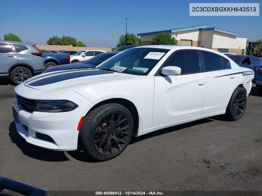 2019 Dodge Charger Sxt Rwd VIN: 2C3CDXBGXKH643513 Lot: 40598412