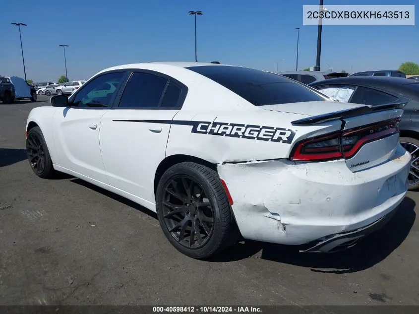 2019 Dodge Charger Sxt Rwd VIN: 2C3CDXBGXKH643513 Lot: 40598412