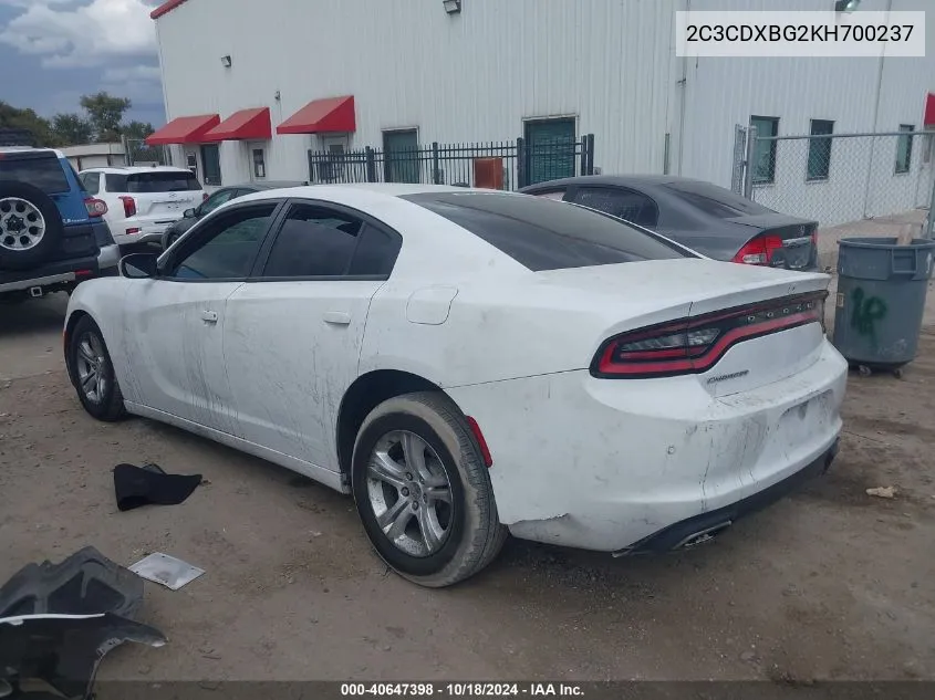 2019 Dodge Charger Sxt Rwd VIN: 2C3CDXBG2KH700237 Lot: 40647398