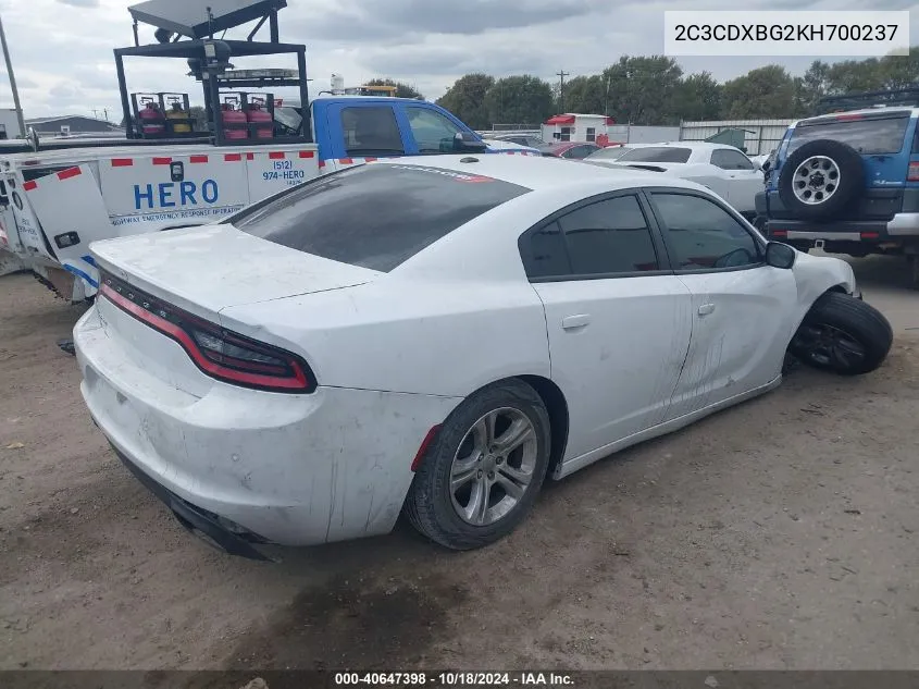 2019 Dodge Charger Sxt Rwd VIN: 2C3CDXBG2KH700237 Lot: 40647398