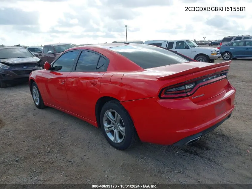 2019 Dodge Charger Sxt Rwd VIN: 2C3CDXBG8KH615581 Lot: 40699173