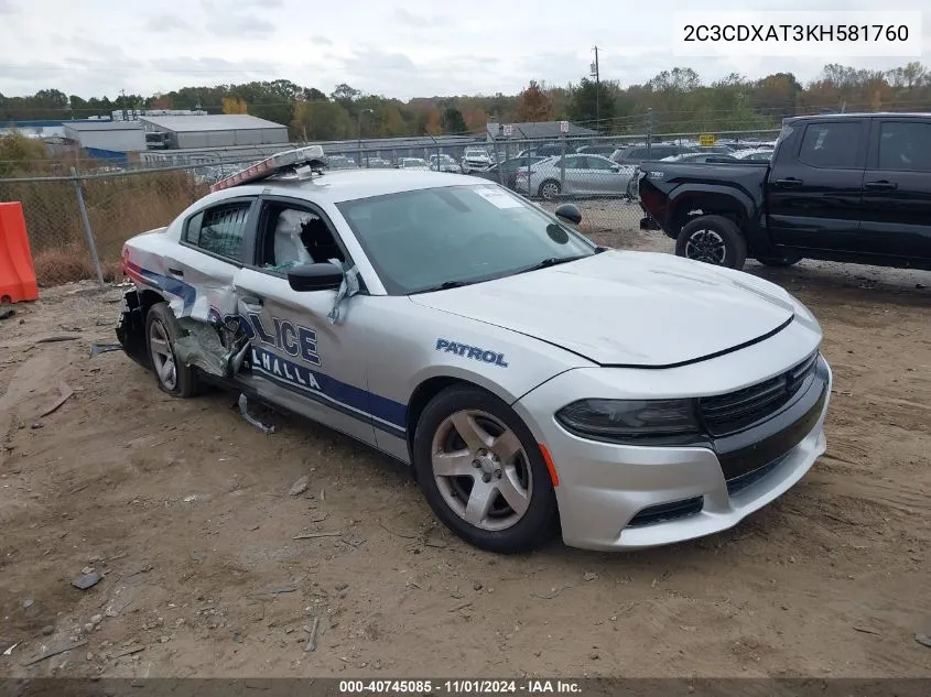 2019 Dodge Charger Police Rwd VIN: 2C3CDXAT3KH581760 Lot: 40745085