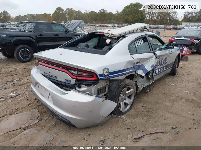 2019 Dodge Charger Police Rwd VIN: 2C3CDXAT3KH581760 Lot: 40745085