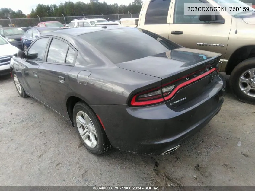 2019 Dodge Charger Sxt Rwd VIN: 2C3CDXBG0KH760159 Lot: 40800779