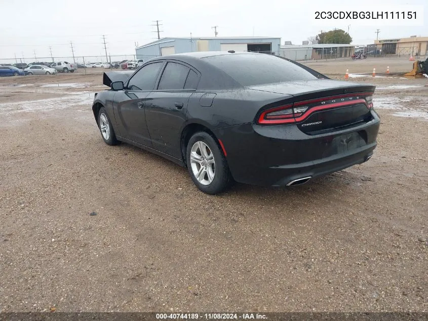 2020 Dodge Charger Sxt Rwd VIN: 2C3CDXBG3LH111151 Lot: 40744189