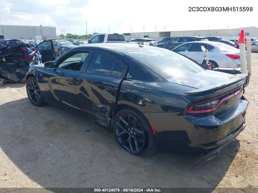 2021 Dodge Charger Sxt Rwd VIN: 2C3CDXBG3MH515598 Lot: 40124079