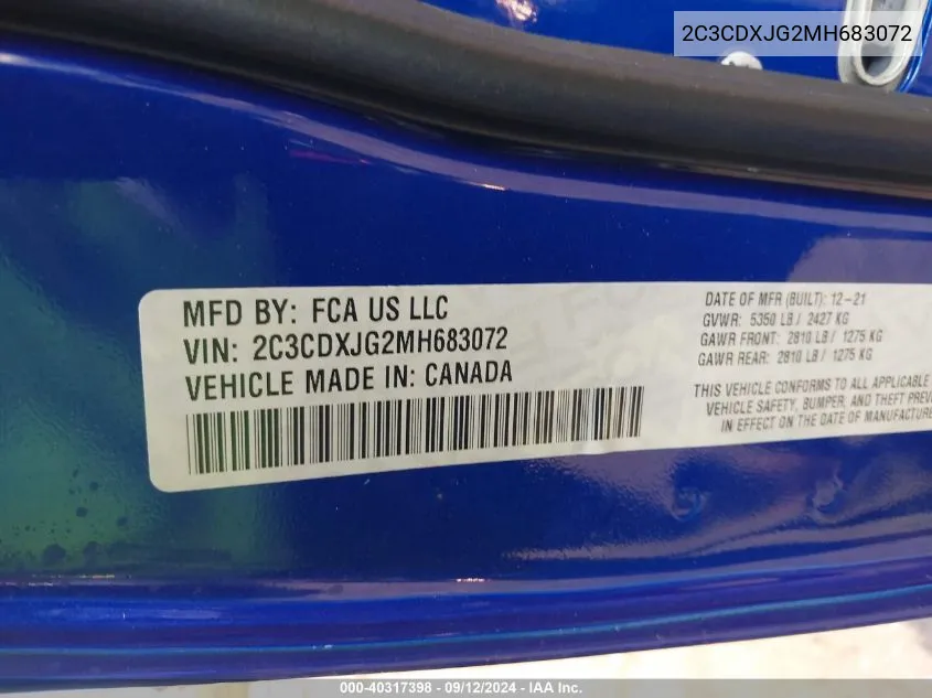 2021 Dodge Charger Sxt VIN: 2C3CDXJG2MH683072 Lot: 40317398