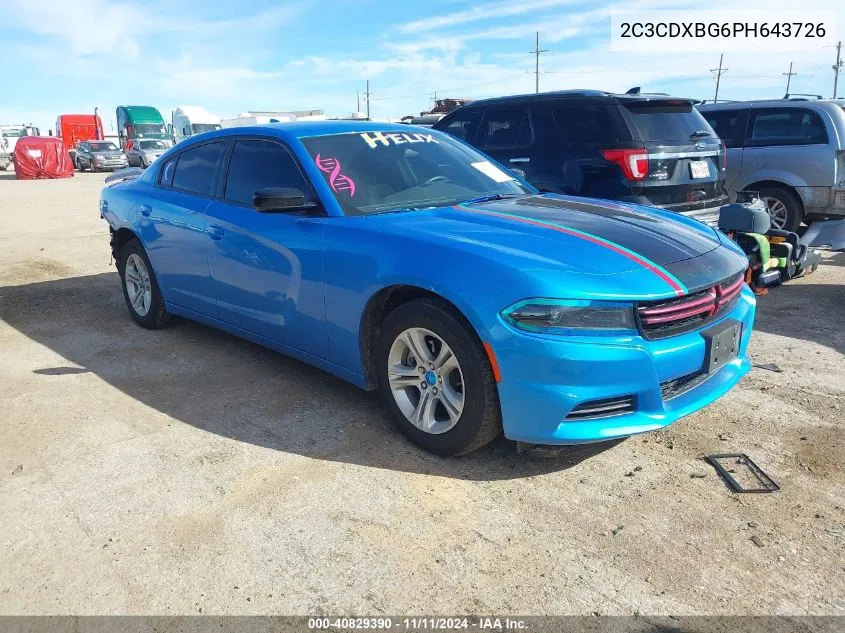 2023 Dodge Charger Sxt VIN: 2C3CDXBG6PH643726 Lot: 40829390