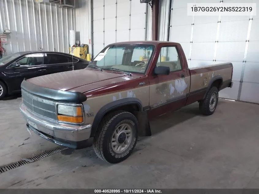 1992 Dodge Dakota VIN: 1B7GG26Y2NS522319 Lot: 40528995