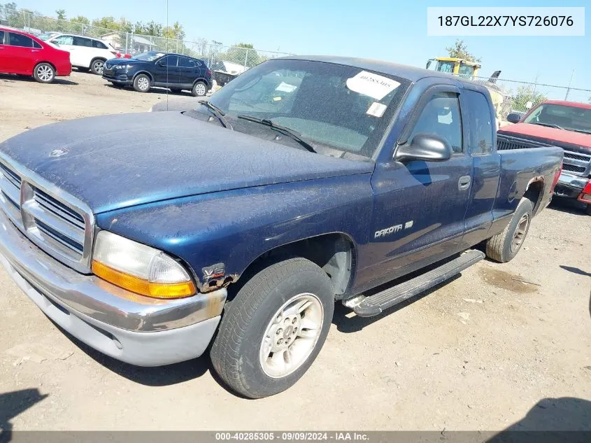 2000 Dodge Dakota Slt/Sport VIN: 187GL22X7YS726076 Lot: 40285305