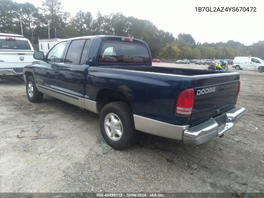 2000 Dodge Dakota Slt/Sport VIN: 1B7GL2AZ4YS670472 Lot: 40499115