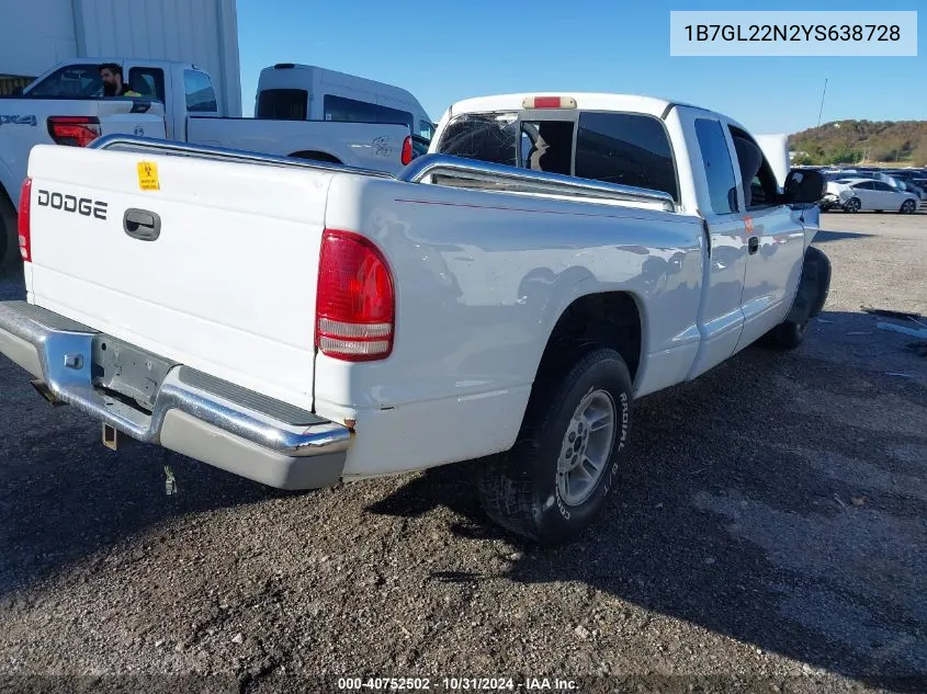 2000 Dodge Dakota Slt/Sport VIN: 1B7GL22N2YS638728 Lot: 40752502