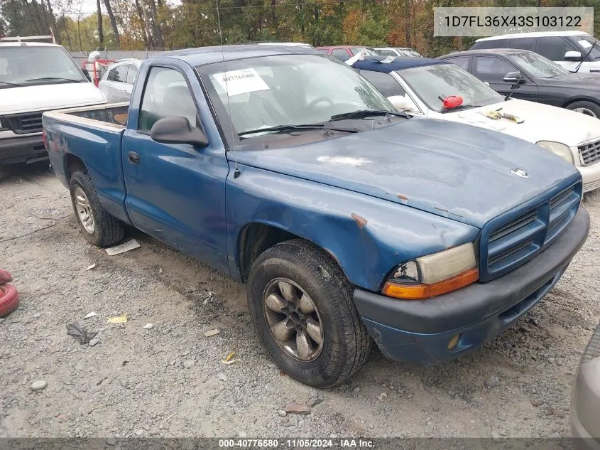 2003 Dodge Dakota Sport VIN: 1D7FL36X43S103122 Lot: 40776580