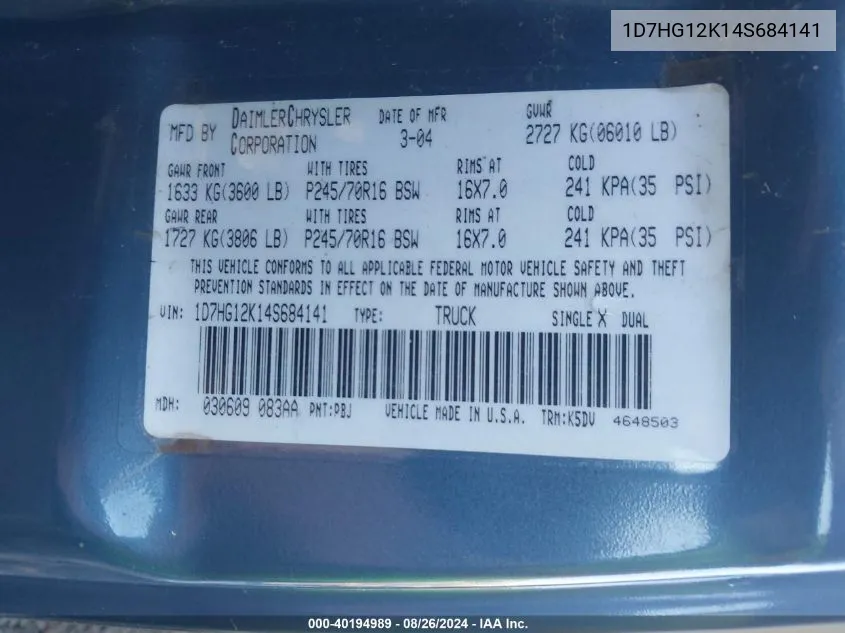 2004 Dodge Dakota VIN: 1D7HG12K14S684141 Lot: 40194989