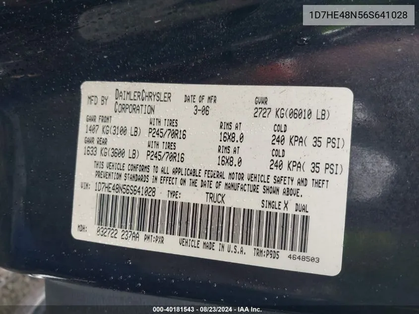 2006 Dodge Dakota Slt VIN: 1D7HE48N56S641028 Lot: 40181543