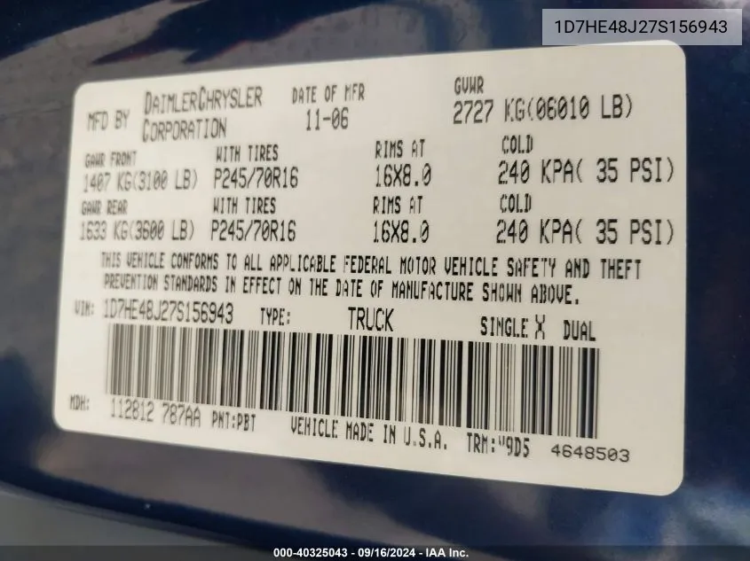 2007 Dodge Dakota Slt VIN: 1D7HE48J27S156943 Lot: 40325043