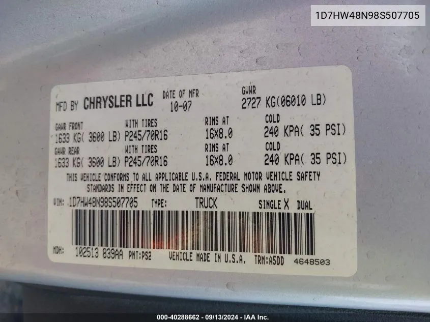 1D7HW48N98S507705 2008 Dodge Dakota Quad Slt