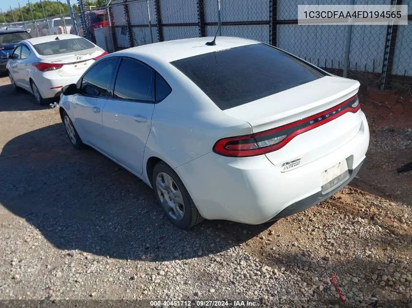 2015 Dodge Dart Se VIN: 1C3CDFAA4FD194565 Lot: 40451712