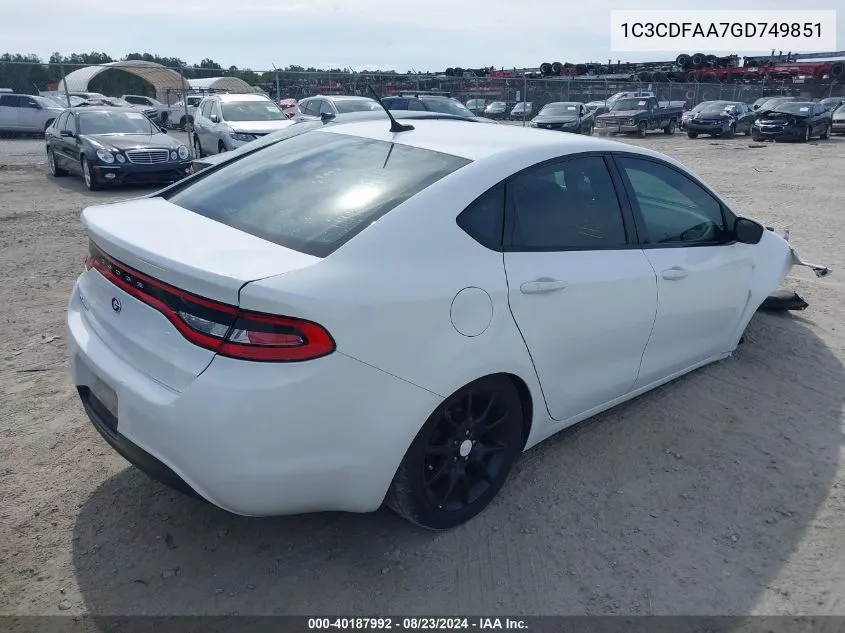 2016 Dodge Dart Se VIN: 1C3CDFAA7GD749851 Lot: 40187992