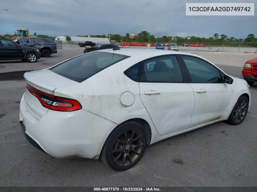 2016 Dodge Dart Se VIN: 1C3CDFAA2GD749742 Lot: 40677370