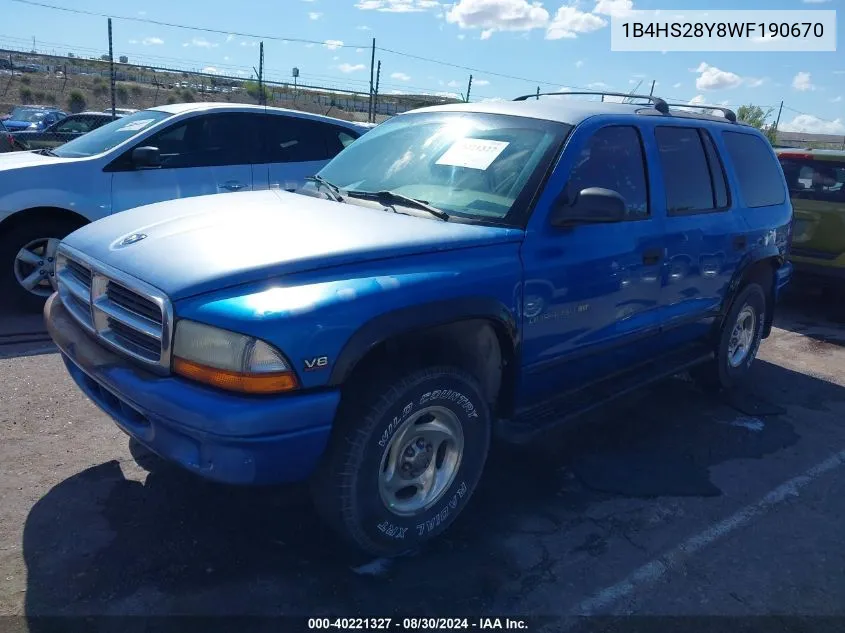 1998 Dodge Durango Slt VIN: 1B4HS28Y8WF190670 Lot: 40221327