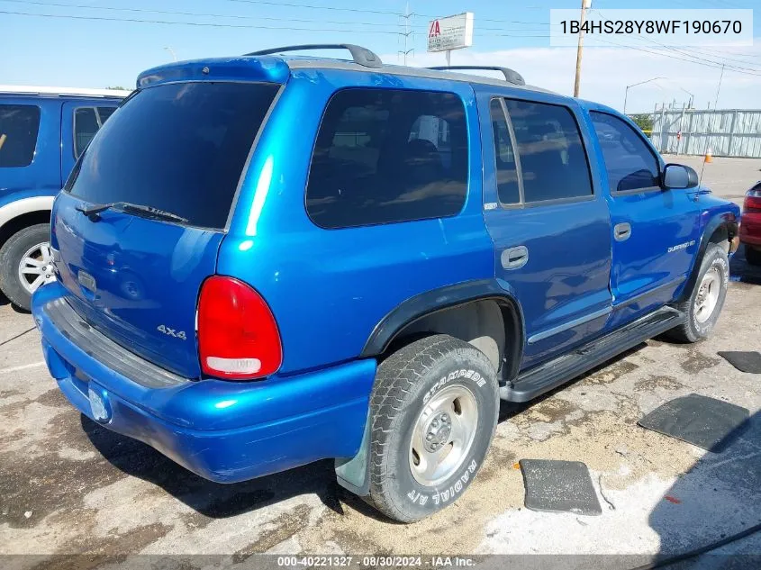 1998 Dodge Durango Slt VIN: 1B4HS28Y8WF190670 Lot: 40221327