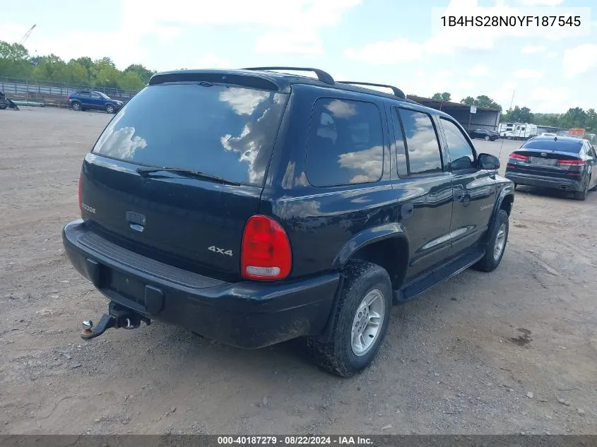 2000 Dodge Durango VIN: 1B4HS28N0YF187545 Lot: 40187279