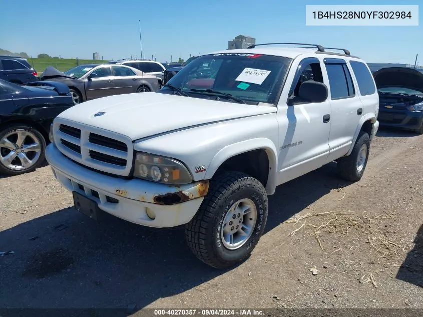 2000 Dodge Durango VIN: 1B4HS28N0YF302984 Lot: 40270357