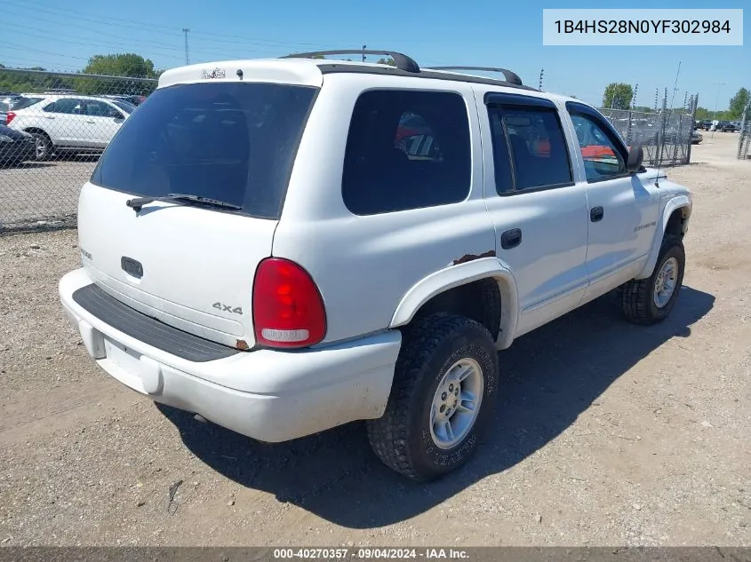 2000 Dodge Durango VIN: 1B4HS28N0YF302984 Lot: 40270357