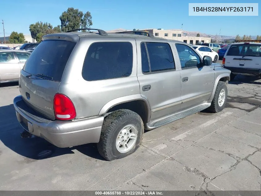 2000 Dodge Durango VIN: 1B4HS28N4YF263171 Lot: 40655788