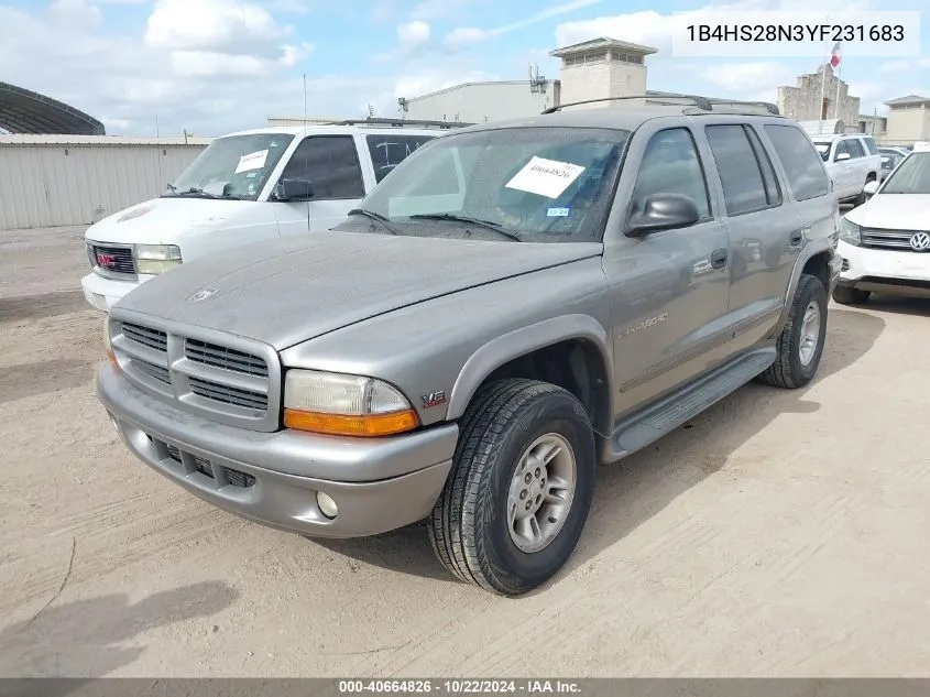 2000 Dodge Durango VIN: 1B4HS28N3YF231683 Lot: 40664826