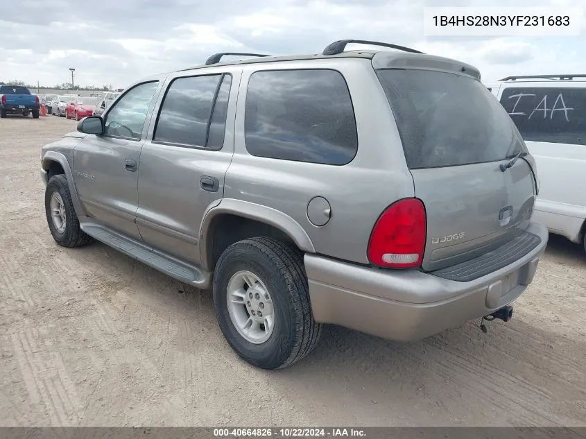 2000 Dodge Durango VIN: 1B4HS28N3YF231683 Lot: 40664826