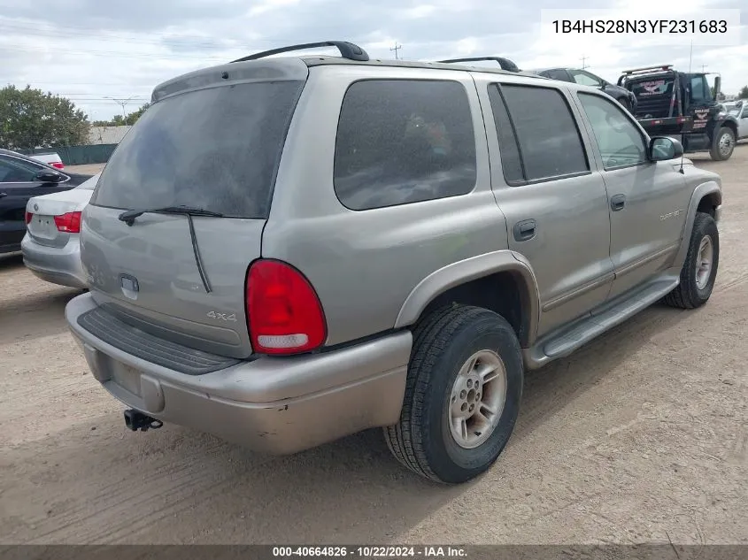 2000 Dodge Durango VIN: 1B4HS28N3YF231683 Lot: 40664826