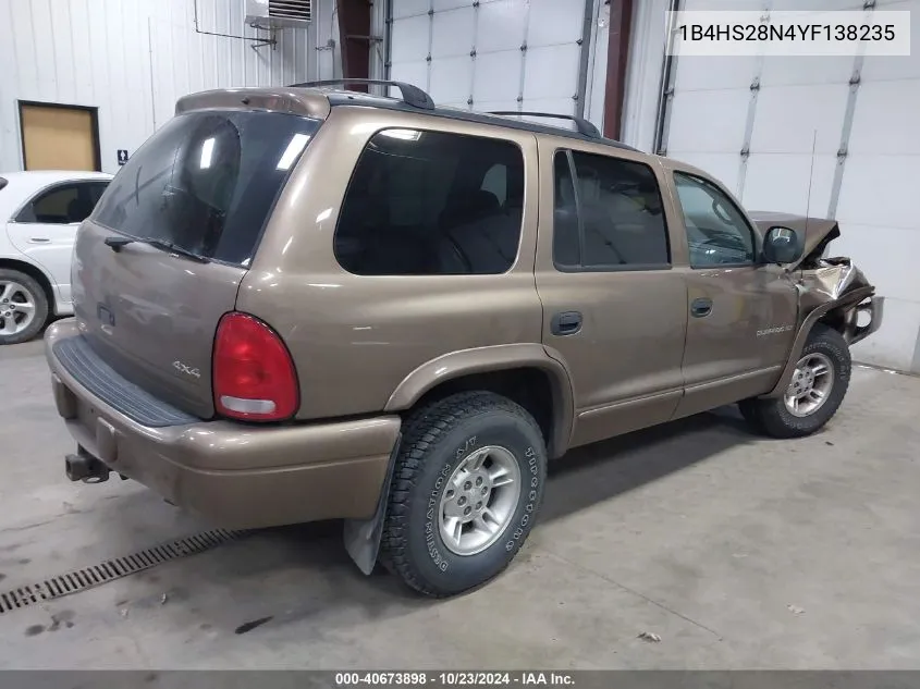 2000 Dodge Durango VIN: 1B4HS28N4YF138235 Lot: 40673898