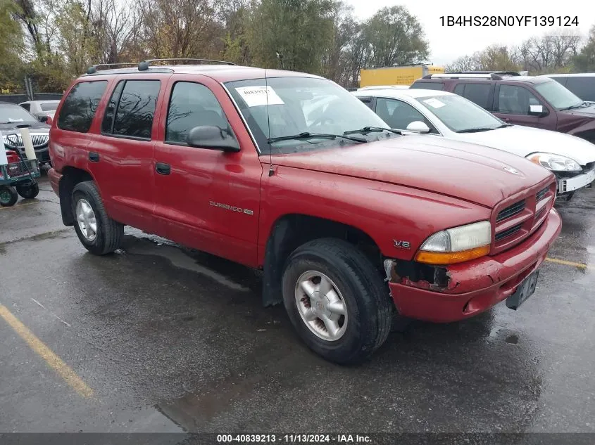 2000 Dodge Durango VIN: 1B4HS28N0YF139124 Lot: 40839213