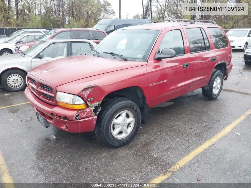 2000 Dodge Durango VIN: 1B4HS28N0YF139124 Lot: 40839213