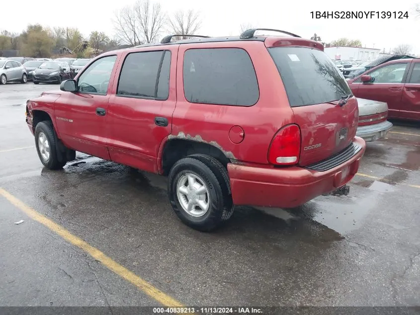 2000 Dodge Durango VIN: 1B4HS28N0YF139124 Lot: 40839213