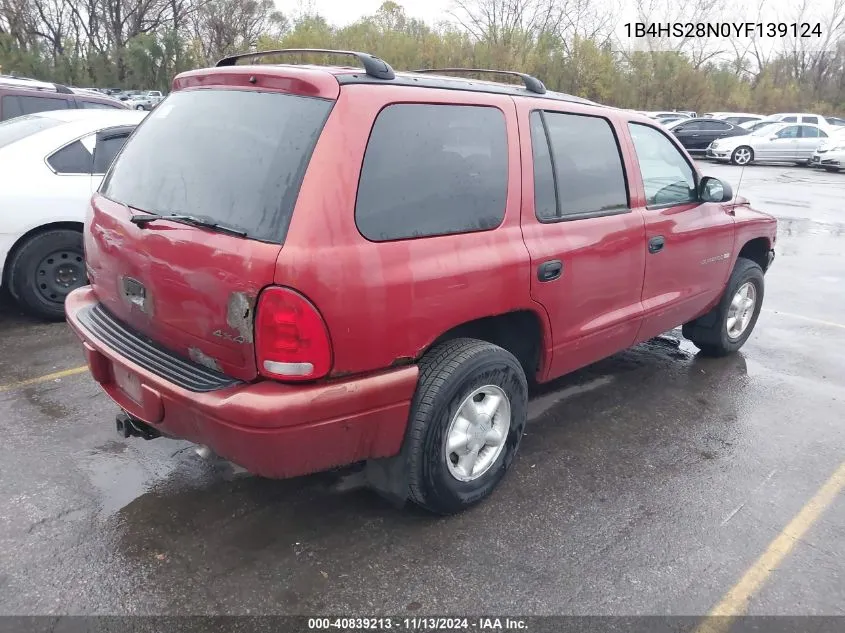 2000 Dodge Durango VIN: 1B4HS28N0YF139124 Lot: 40839213