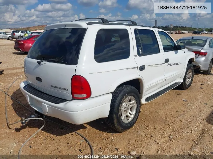 2002 Dodge Durango Slt VIN: 1B8HS48Z72F181925 Lot: 40295329