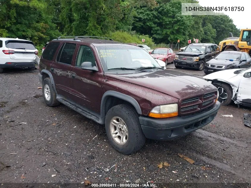 2003 Dodge Durango Sport/Sxt VIN: 1D4HS38N43F618750 Lot: 39988411