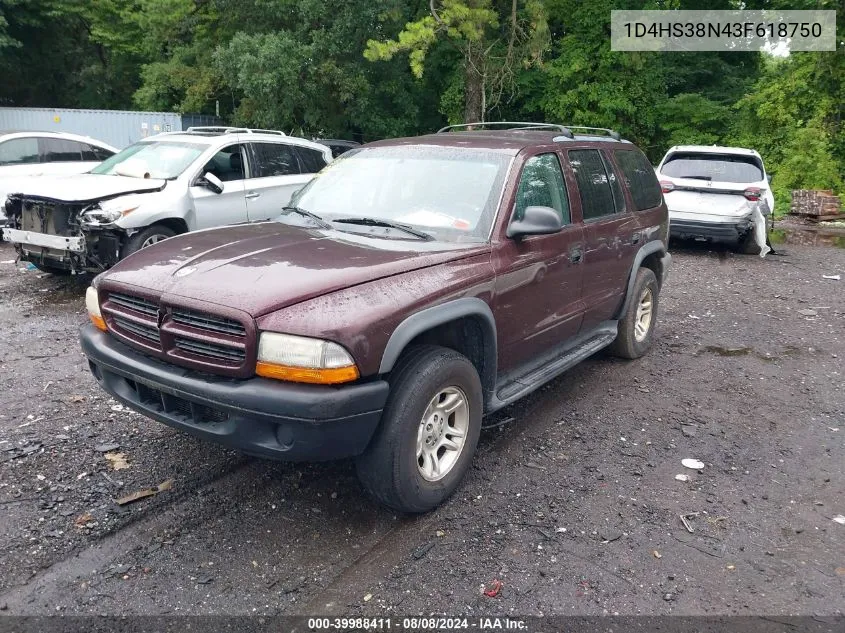 2003 Dodge Durango Sport/Sxt VIN: 1D4HS38N43F618750 Lot: 39988411