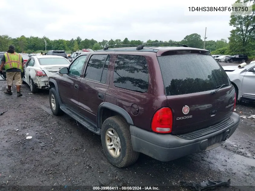 2003 Dodge Durango Sport/Sxt VIN: 1D4HS38N43F618750 Lot: 39988411