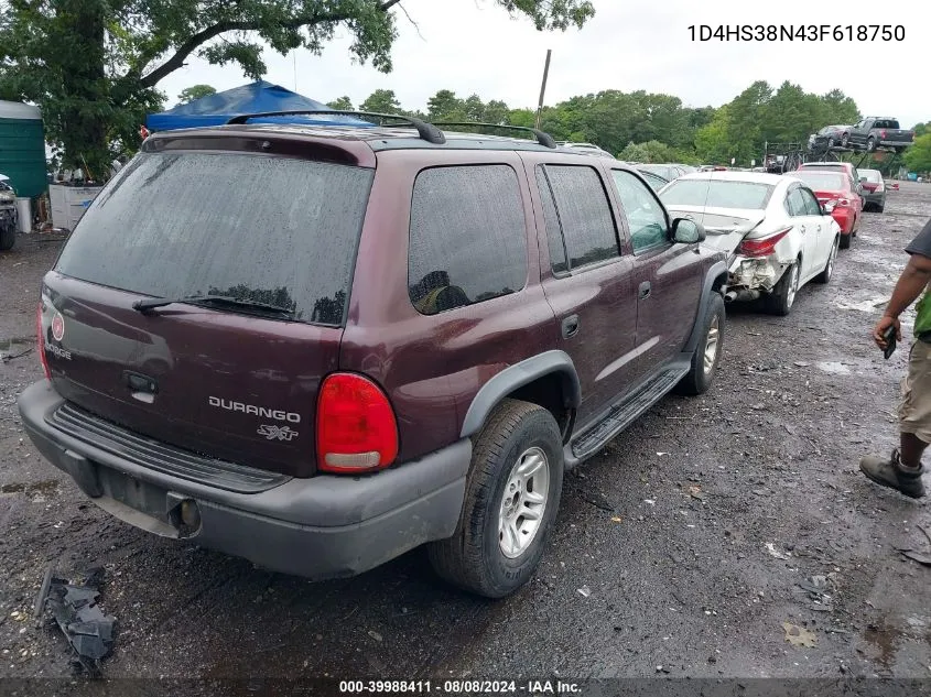 2003 Dodge Durango Sport/Sxt VIN: 1D4HS38N43F618750 Lot: 39988411