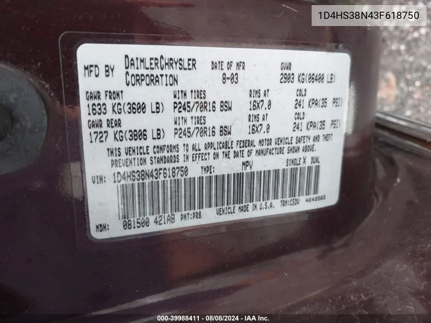 1D4HS38N43F618750 2003 Dodge Durango Sport/Sxt