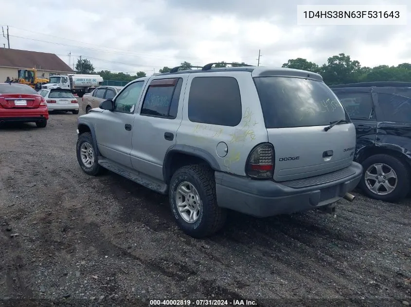 2003 Dodge Durango Sport/Sxt VIN: 1D4HS38N63F531643 Lot: 40002819