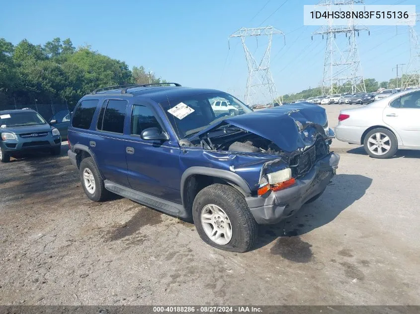 2003 Dodge Durango Sport/Sxt VIN: 1D4HS38N83F515136 Lot: 40188286